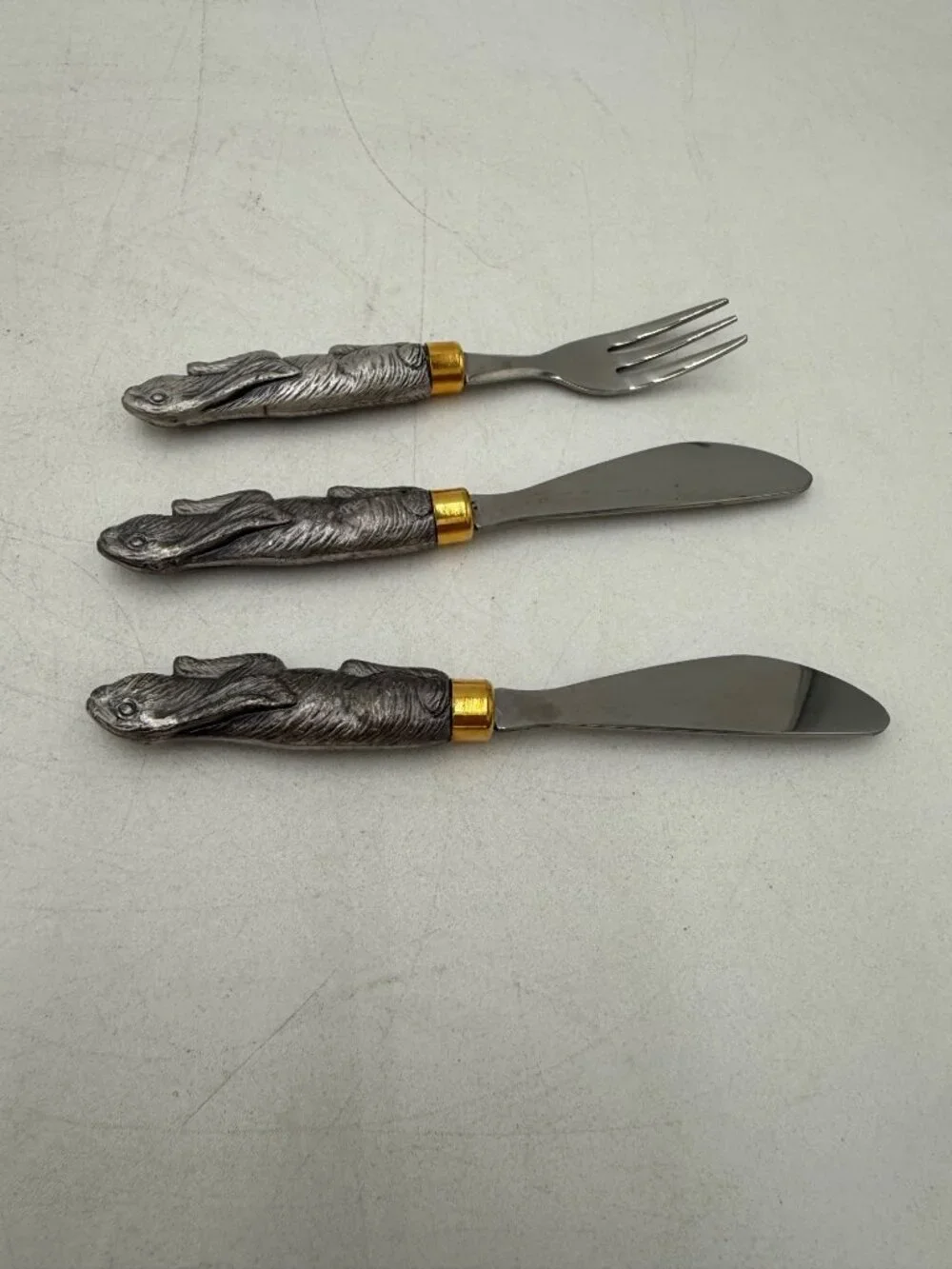 Vintage Rabbit Handle Stainless Steel 3 Piece Flatware Set Butter Cheese Knives